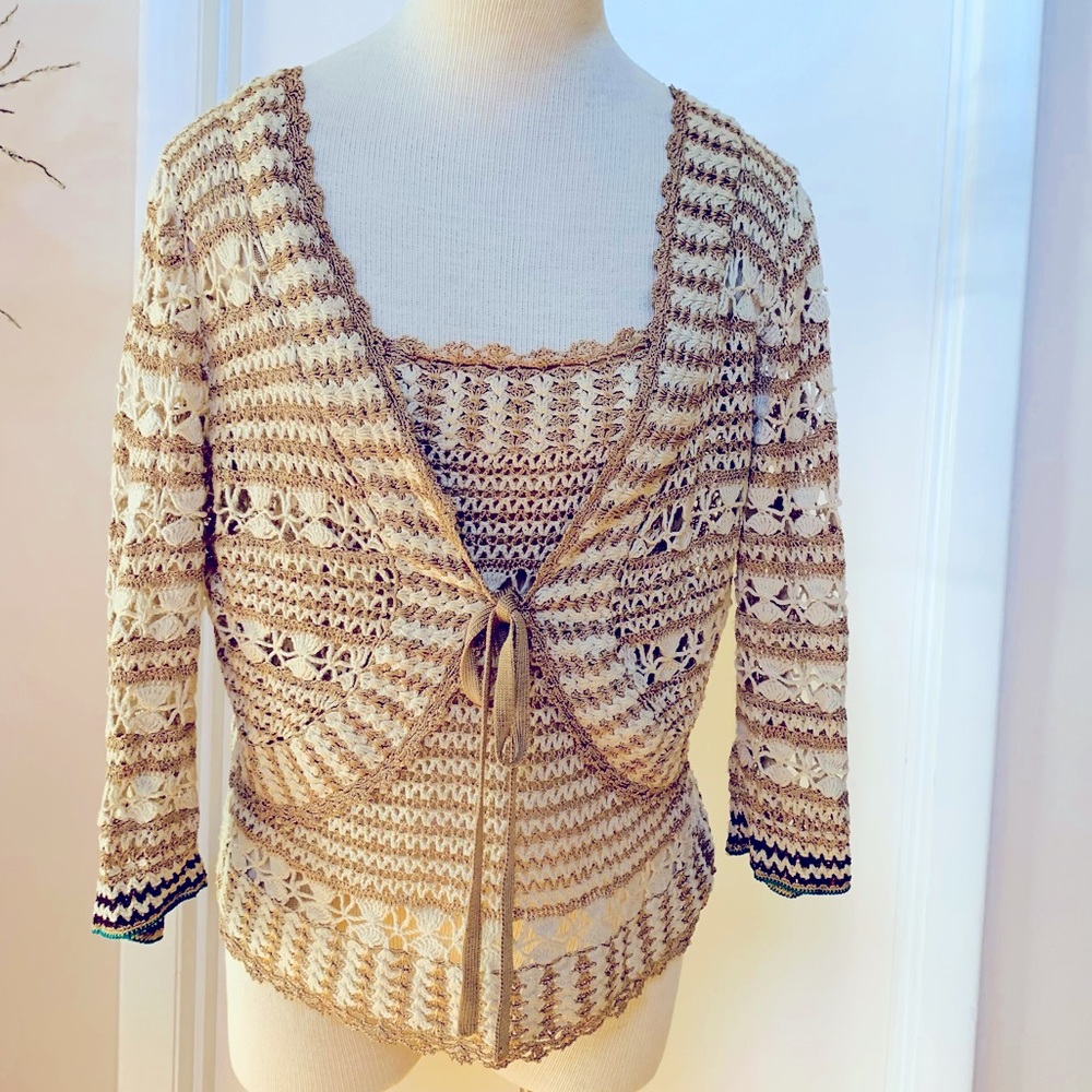 YOANA BARASCHI CROCHET CAMI & CARDIGAN GOLD & ECRU